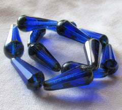 Six Czech glass long faceted teardrop beads - transparent sapphire