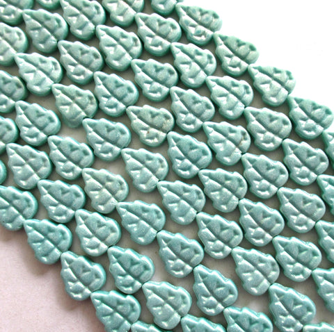 25 Czech glass leaf beads - sueded light turquoise green beads - 8 x 10mm leaves - C0029