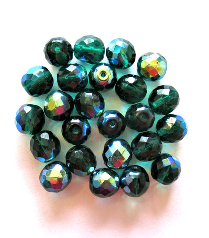 Twenty 10mm Czech glass beads - teal blue green AB beads - faceted round fire polished beads C00111