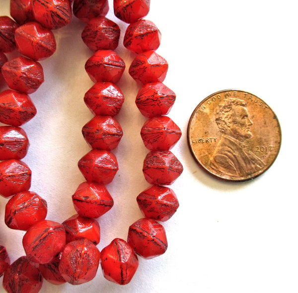 20 8mm Czech glass faceted English cut beads - opaque red picasso rustic earthy beads - C00411