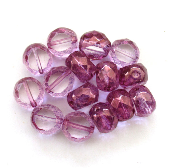 Five 12mm large Czech glass beads - purple & crystal window beads - table cut chunky statement or focal beads - faceted fire polished beads - 600531