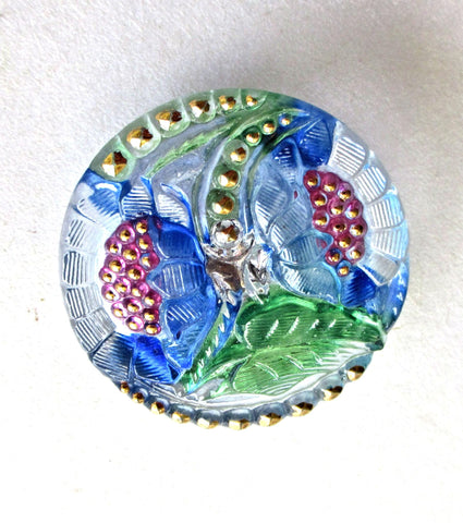 One 27mm Czech flower glass button - blue, pink, green & clear glass with gold accents - two flowers decorative shank button- C5301