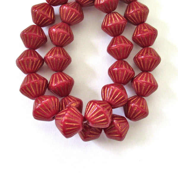 Five Czech glass bicones - 11mm x 10mm - opaque red with copper accents - carved chunky rustic bicone beads C0077