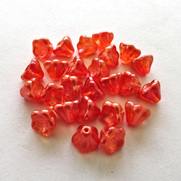 25 Czech glass bell flower beads - hyacinth orange luster pressed glass bellflower beads - 8 x 6mm - C0099