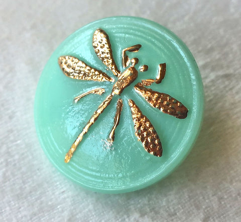 One 18mm Czech glass button, opaque mint green with a gold dragonfly decorative shank button 52201