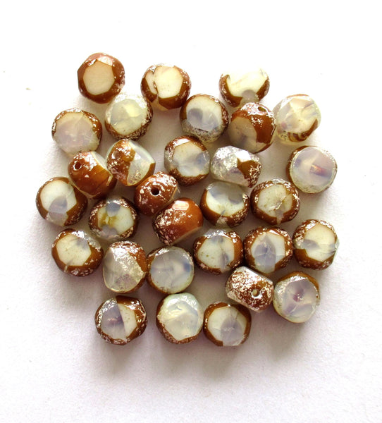 Dual faceted Czech glass beads - 8mm - milky white w/ brown & silver accents - 2 cut table cut - thick window beads - 10 pcs - 00051