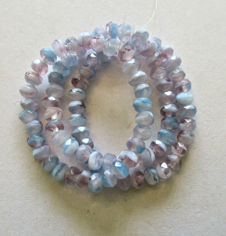 30 small Czech glass puffy rondelle beads - 3 x 5mm light lavender / purple & blue color mix faceted rondelles 00531