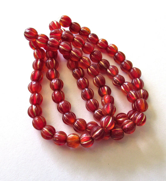 25 6mm Czech glass melon beads - transparent siam red with a gold wash - pressed glass beads - C0058