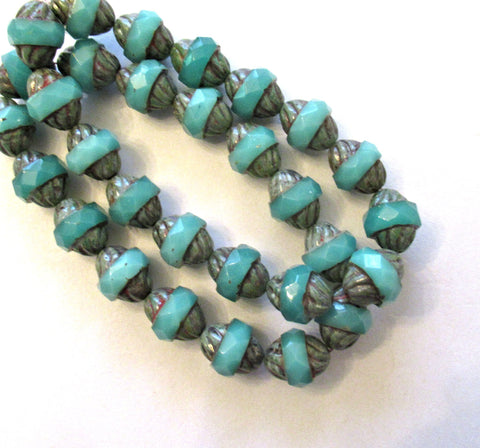 Ten Czech glass turbine beads - 11 x 10mm light translucent milky blue green faceted saucer beads with a Picasso finish C00681