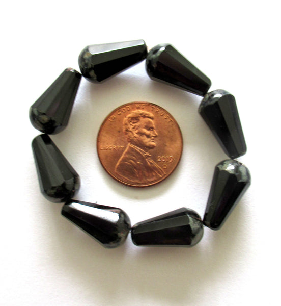 8 Czech glass faceted teardrop beads - 8 x 15mm jet black with a picasso finish on the ends - large drop beads - 00591