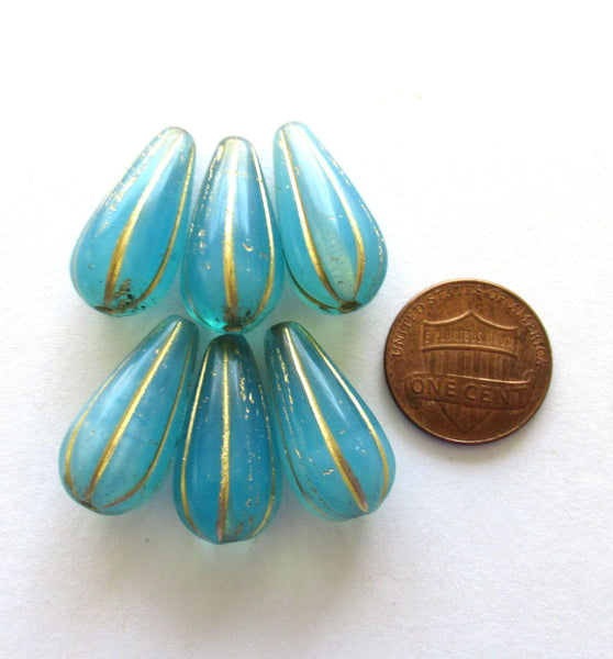 Six large Czech glass teardrop melon beads - blue opal w/ gold accents - 22 x 11mm tear drop beads 00571