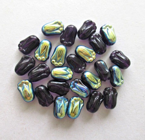 25 Czech glass tulip flower beads - tanzanite purple ab - 12 x 8mm - pressed glass beads - C00096