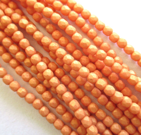 Fifty 3mm Czech glass beads - opaque Pacifica Tangerine orange - faceted round fire polished beads C0074