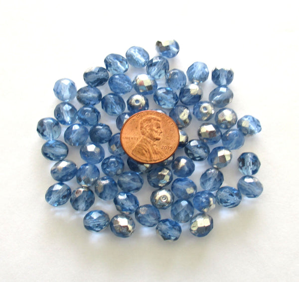 25 8mm Czech glass beads - light sapphire blue half silver fire polished faceted round beads C0056