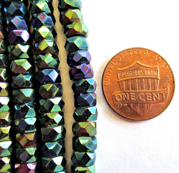 Fifty 6 x 3mm Czech glass faceted rondelle beads - green iris spacer beads - spacers or rondelles - C0048