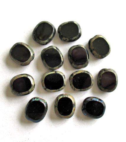 Six large Czech glass oval beads - 14 x 12mm jet black picasso beads - table cut window beads - 00551