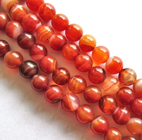 Carnelian Banded Agate beads - 8mm - red orange smooth round druks - semiprecious gemstone beads - 48 beads - 15.5 inch strand 00052