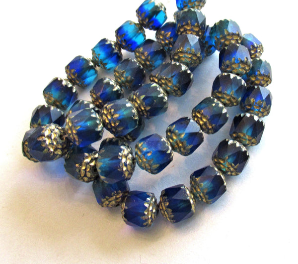 Fifteen 8mm Czech glass cathedral beads - sapphire & aqua blue mix w/ gold picasso accents - faceted fire polished antique cut beads C00302