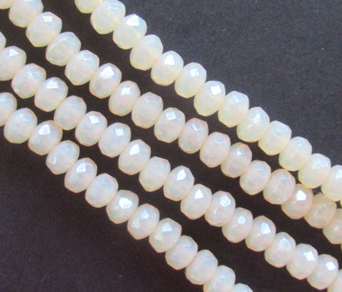 30 small Czech glass puffy rondelle beads - 3 x 5mm off white champagne luster opal rondelles - faceted fire polished neutral beads - C0531