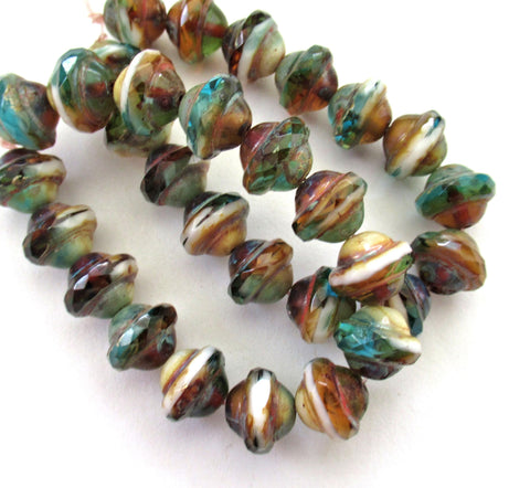 Fifteen Czech glass faceted saturn / saucer beads - 8 x 10mm - amber / blue green & white marbled mix with a picasso accents - C00302