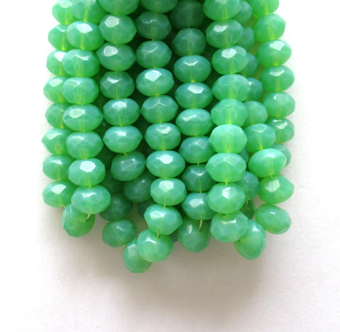 25 green Czech glass puffy rondelles - milky jade green opal beads - 6 x 9mm faceted fire polished beads - C00731