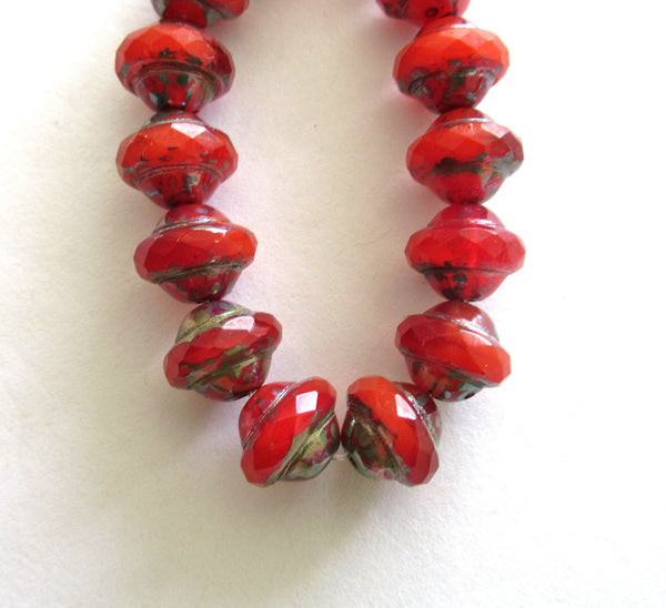 15 faceted Czech glass saturn or saucer beads - translucent red with a silver picasso finish - 8mm x 10mm - C00971