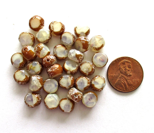 Dual faceted Czech glass beads - 8mm - milky white w/ brown & silver accents - 2 cut table cut - thick window beads - 10 pcs - 00051