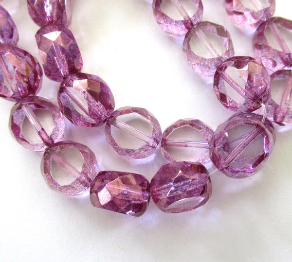 Five 12mm large Czech glass beads - purple & crystal window beads - table cut chunky statement or focal beads - faceted fire polished beads - 600531