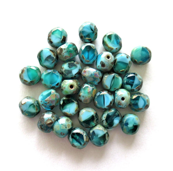 Dual faceted Czech glass beads - 8mm - marbled turquoise blue picasso - 2 cut table cut fire polished - thick window beads - 10 pcs - 0079