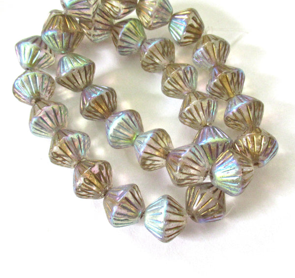 Five Czech glass bicones - 11mm x 10mm - crystal clear ab with gold accents - carved chunky rustic bicone beads C0076