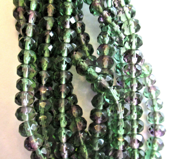 25 5 x 7mm Czech glass puffy rondelles - multicolored mix of transparent purple & green faceted fire polished rondelle beads - C00051