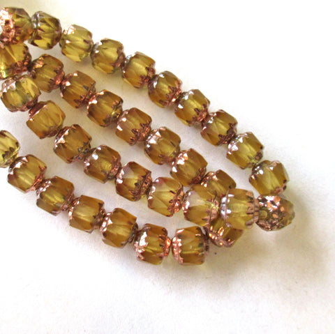 20 6mm Czech glass antique cut cathedral beads - light topaz w/ copper picasso accents - faceted fire polished beads - C00611