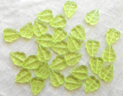 25 Czech glass birch leaf beads - Light Peridot Lime Green - 12 x 10mm - large center drilled leaves - C6801