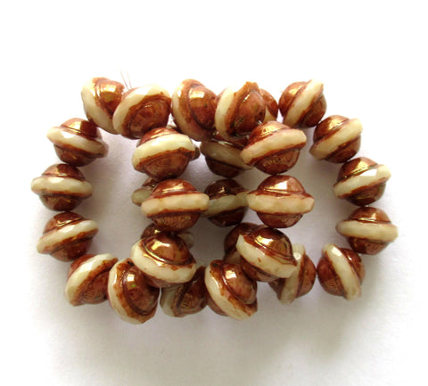 Ten Czech glass saturn beads - 8mm x 10mm - off white w/ bronze picasso accents - faceted fire polished saucer beads - C00002