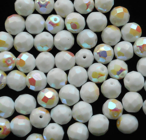 25 8mm Czech glass beads, Opaque White AB firepolished, faceted round beads C40125