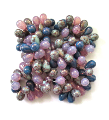 25 Czech glass drop beads - pink mint green & blue picasso color mix - smooth teardrop beads - 9 x 6mm C00081