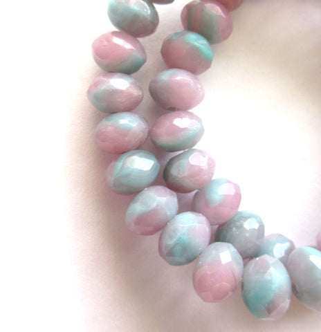 Lot of 25 Czech glass faceted puffy rondelle beads - 5 x 7mm pastel pink & blue / mint green mix rondelles C00612