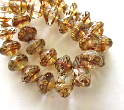 Fifteen Czech glass saturn beads - 8 x 10mm crystal clear picasso beads - faceted fire polished saucer beads - C00851