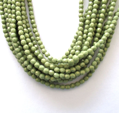 Lot of 50 3mm Czech glass beads - opaque pacifica avocado green fire polished, faceted round beads - C0085