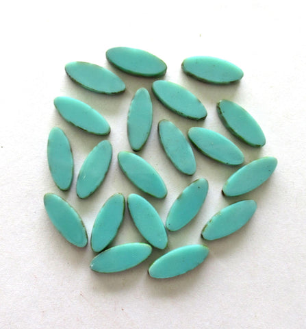 Ten Czech glass green spindle beads - 16 x 6mm - opaque light turquoise green picasso - oblong oval table cut glass beads - C00921