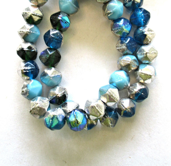 20 8mm Czech glass faceted English cut beads - opaque and transparent blue & green beads with silver accents - C00351