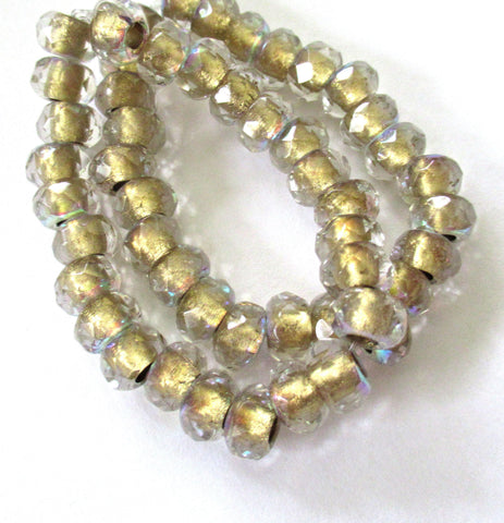 Ten Czech glass faceted roller beads - 8 x 6mm - crystal clear ab gold lined beads - tyre beads - big 3mm big hole beads C00011