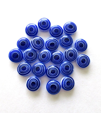 Ten 10mm glass coin beads - cobalt blue and white disc beads - target or concentric circles beads - C0001