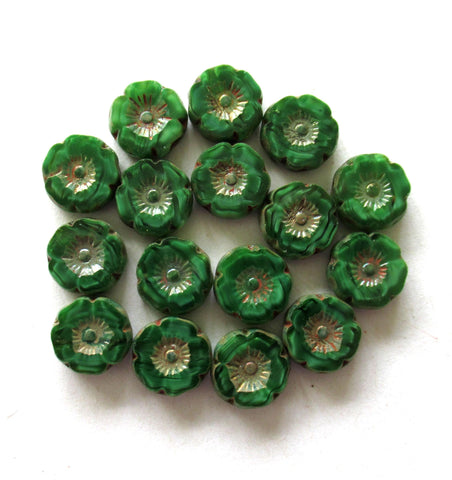 10 Czech glass flower beads - opaque marbled green silky beads - table cut carved - 12mm - Hawaiian Hibiscus floral beads - C00441