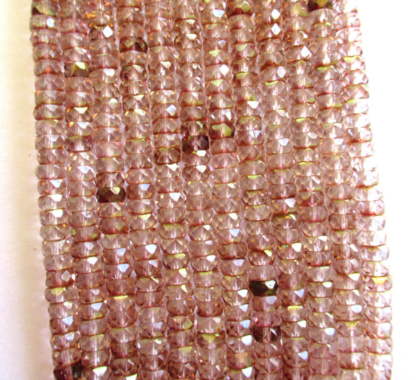 50 6 x 3mm Czech glass faceted rondelle beads - transparent luster pink & crystal spacer beads - C00101