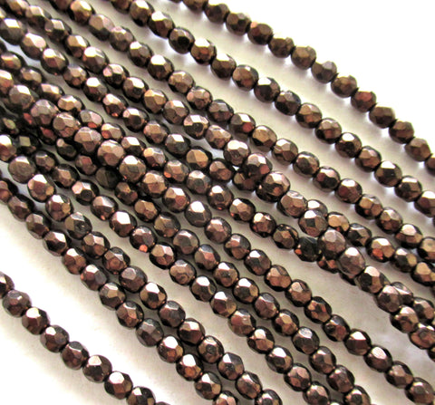 50 3mm Czech glass beads - metallic dark bronze - fire polished faceted round brown beads - C0035