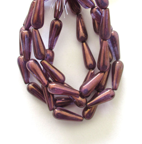 Ten Czech glass teardrop beads - amethyst / purple with a bronze finish - 6 x 15mm elongated tear drops 00311