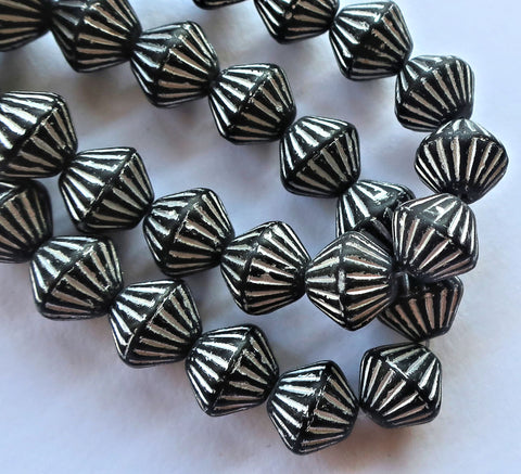 Five 11mm x 10mm Matte Black bicone with silver accents, carved, chunky, rustic, African look pressed glass Czech beads, C0601