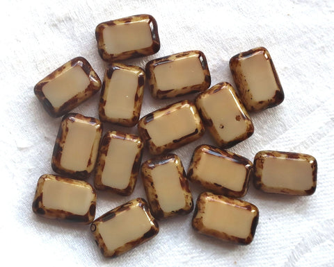 Ten rectangular Opaque tan brown beige neutral picasso Czech glass beads - 12mm x 8mm - table cut rectangle beads, C0069