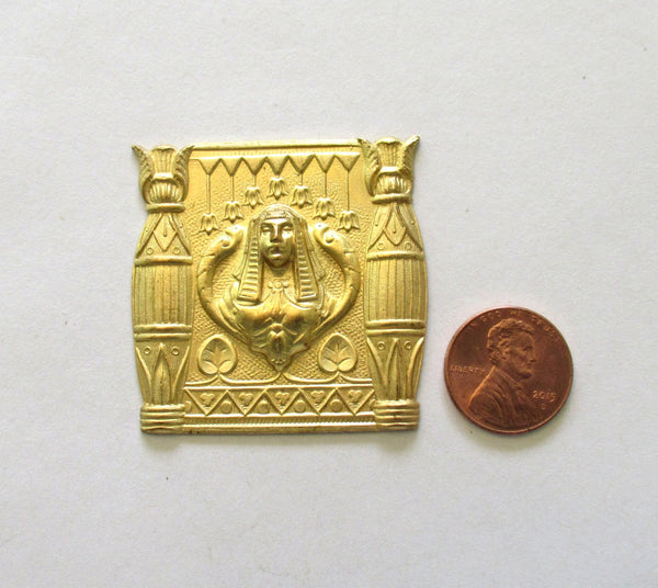 1 raw brass stamping - Egyptian themed plaque, pendant, ornament, 1.75" x 1.75" inches - C00431